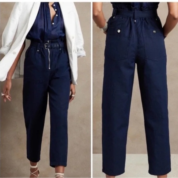 NWT Banana Republic Linen blend Paperbag Waist Trousers | navy | 12 - Picture 4 of 16